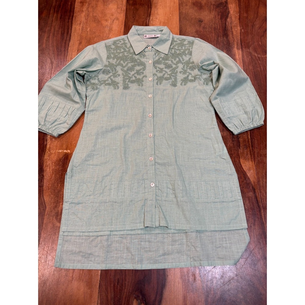 Cotton Culture XS womens' short tunic button up collar dress green embroidery
